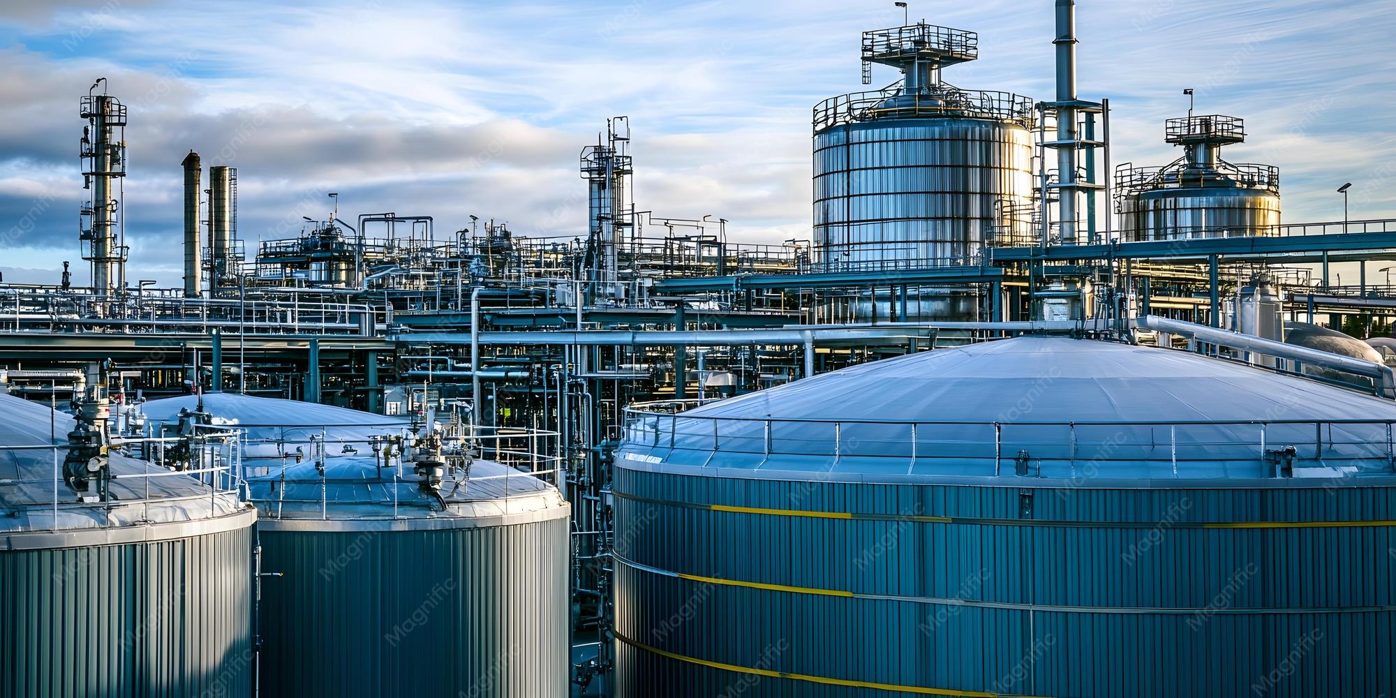 Chemical processing plant with storage tanks and pipelines