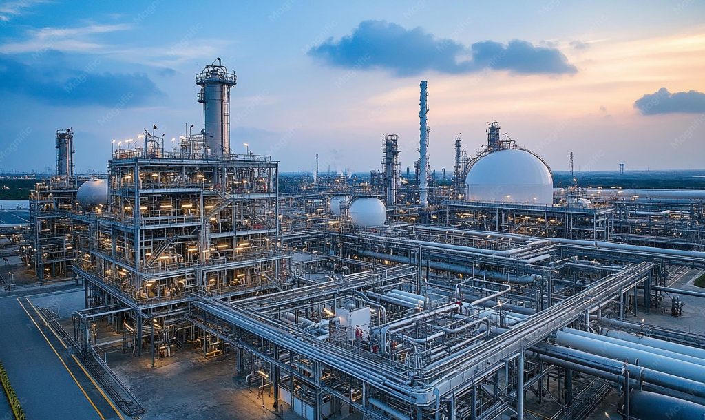 Panoramic view of an LNG plant surrounded by nature