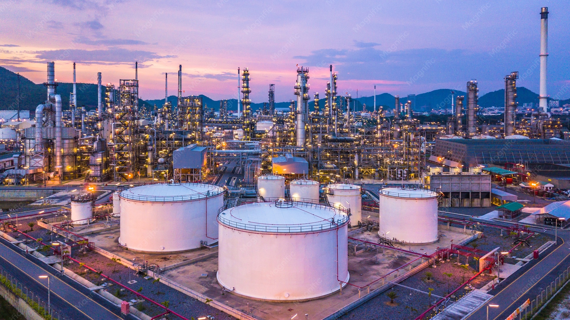 Aerial view of an oil and gas refinery at twilight