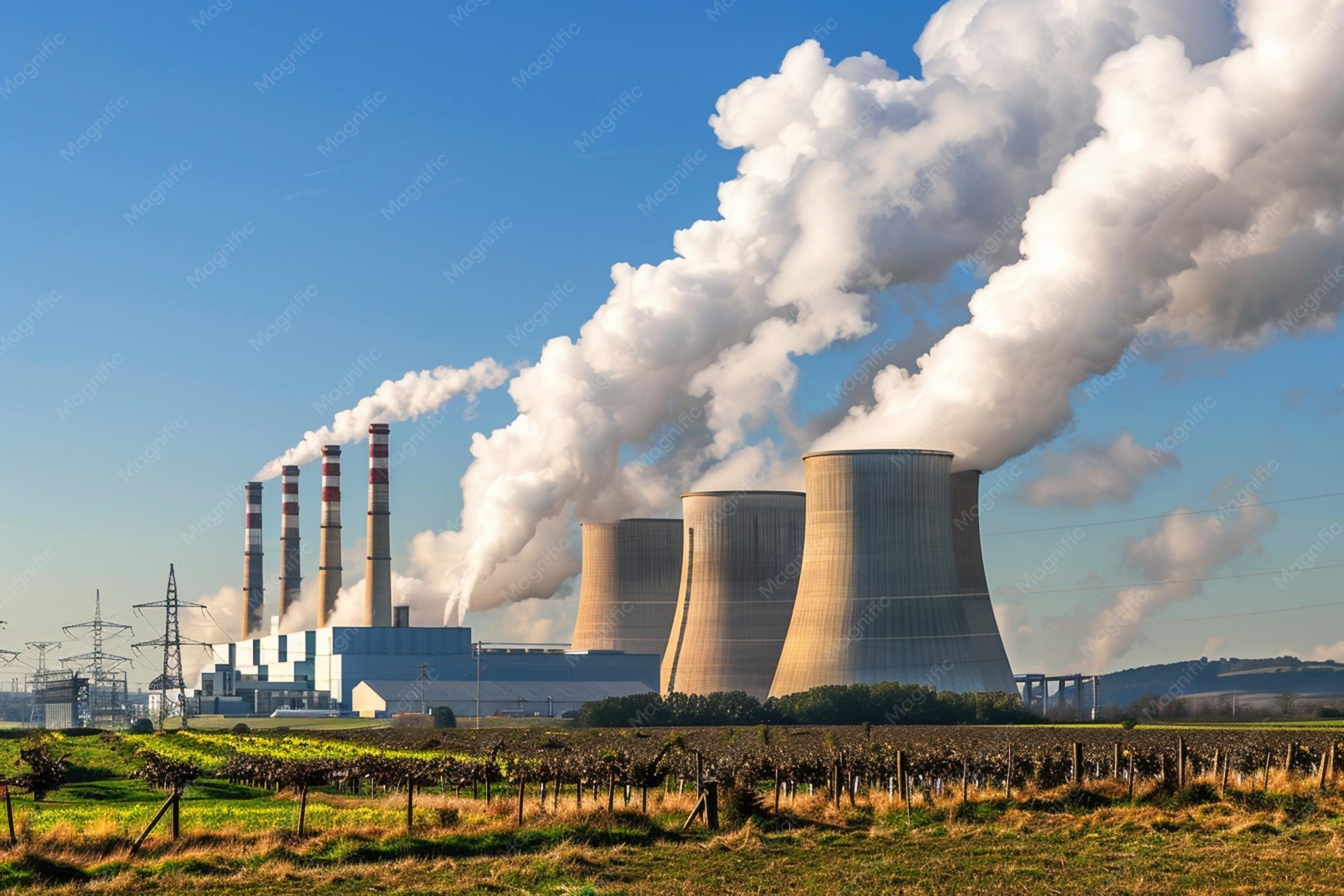 Power plant with cooling towers releasing steam