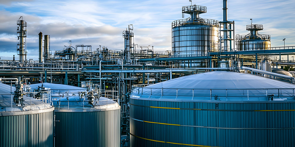 Chemical plant featuring storage tanks and pipelines